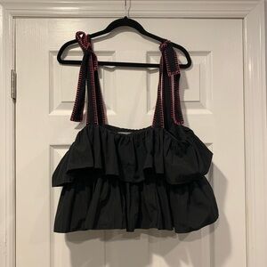 SALONI Jools Black Embroidered Sleeveless Ruffle Crop Top